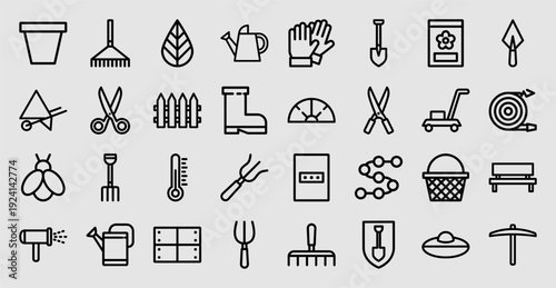 Gardening and landscaping maintenance icons for professional horticulture. Heavyweight monoline pictograms featuring planting tools, irrigation equipment, and backyard cultivation.