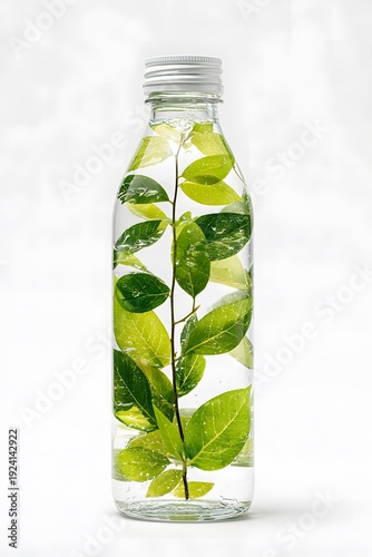 Glass water bottle filled with clear water and green leaves, showcasing a fresh and natural aesthetic against a bright white background