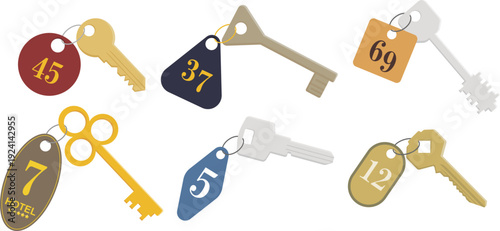 Vintage Hotel Room Keys with Number Tags Vector Set. Hotel Room Keys Collection with Retro Numbered Tags. Hotel room keys vector. House key icon set. Vintage key illustration vector. Door key