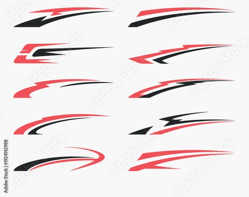 set of red and black abstract geometric stripes, modern vector car wrap elements for vinyl decals vehicle graphics advertising marketing and creative automotive design applications.