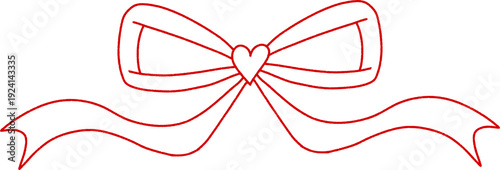 Simple coquette red ribbon bow illustration with heart shaped center and flowing ribbon tails isolated vector illustration