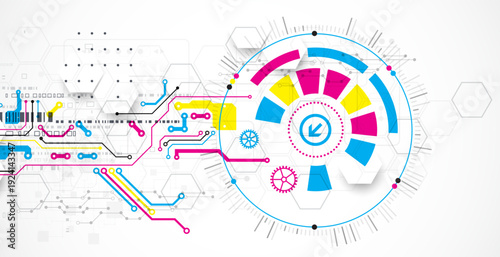 Abstract technological background with various elements. CMYK concept. Vector