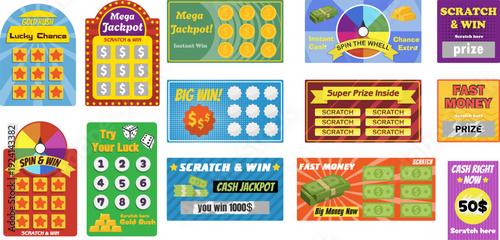 Set of vibrant scratch off lottery tickets, big win cards, spin wheel games and fast cash prize banners. Isolated flat style vector illustrations perfect for gambling concepts, casino branding