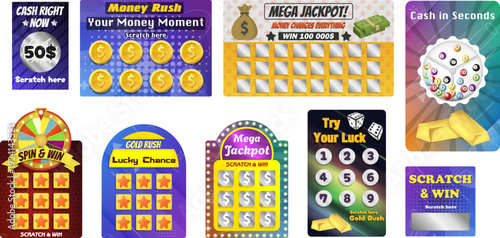 Mega Jackpot Scratch Cards and Spin Wheel Lottery Game Set. Colorful Scratch Off Tickets with Cash Jackpot and Gold Rush. Scratch and Win Casino Game Templates Collection Vector Pack