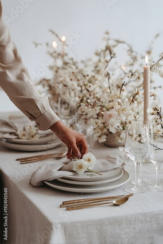 Hands of a woman arranging a neutral wedding table setting with elegant plates, floral centerpiece, and candles, creating a sophisticated dining atmosphere