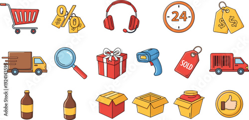 Online Shopping and Delivery Icon Set with Discount Tags Packages Headphones and Shipping Symbols for Ecommerce Retail Promotion Design