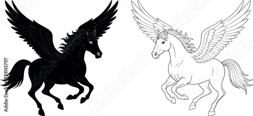 Set of winged Pegasus horses in solid silhouette and detailed outline style symbolizing power, freedom, speed and fantasy vector illustration