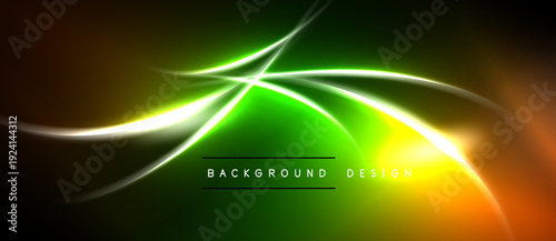 Abstract neon lights create vibrant energy. Green, orange hues blend with dark background. Modern design element.