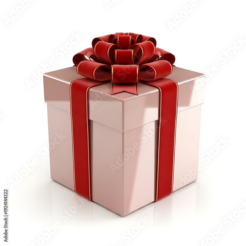 Square pale pink gift box is adorned with a large luxurious red velvet bow and matching ribbon.