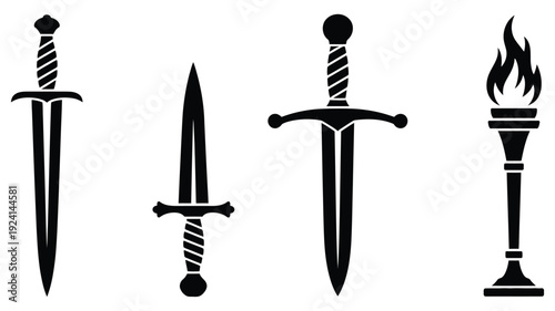 Ancient dagger, sword and torch silhouettes, medieval weapon symbols collection, black vector illustration isolated on white background for history themes, fantasy design, heritage projects, and 