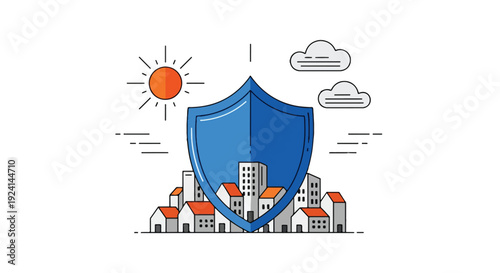 City protection shield with sun and clouds vector illustration