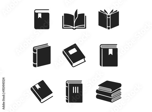Book icon set. Books vector flat illustrations collection. Open book, closed book icons. E-book icon. Back to school, library signs. Study concept symbols