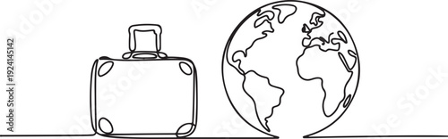 Continuous one single line drawing travel bag with planet earth. Travel Holiday or vacation icon vector illustration concept. isolated white background