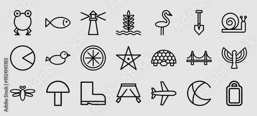 Eclectic monoline symbols for creative branding and educational infographics. Minimalist black line pictograms featuring nature, travel, and household objects in a uniform geometric aesthetic.