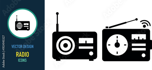Set of vintage radio receiver icons in solid black style featuring dials, antenna, tuner and speaker vector design