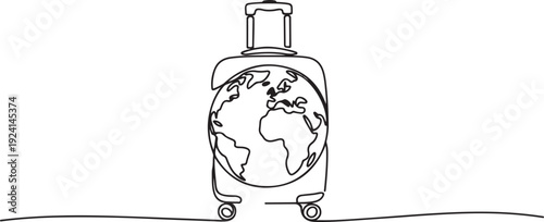 Continuous one single line drawing travel bag with planet earth. Travel Holiday or vacation icon vector illustration concept. isolated white background