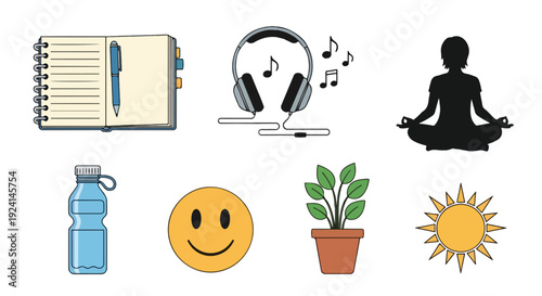 Wellness and lifestyle line icon collection. Includes notebook, pen, headphones, music notes, yoga pose, water bottle, smiley face, potted plant, and sun symbols. Created in colored line art
