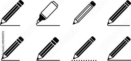 Set of writing pencil icons sketching different straight and dotted strokes in flat black vector style.
