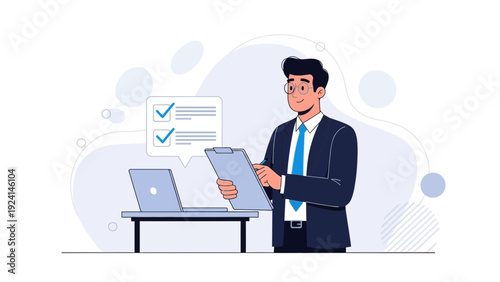 Businessman checking checklist on clipboard with laptop and abstract background