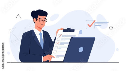 Businessman checking checklist on clipboard with laptop, completing tasks