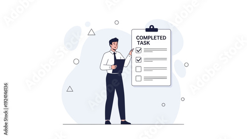 Businessman checking off completed tasks on a checklist, modern vector illustration.
