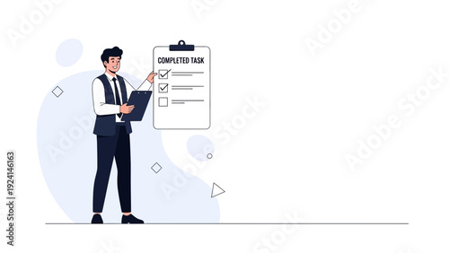 Businessman checking off completed tasks on a clipboard list, business success