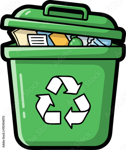 Green recycling bin overflowing with various types of waste materials.