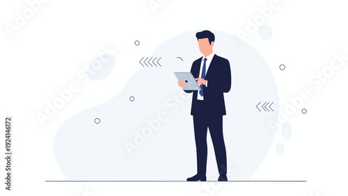Businessman checking tablet, modern flat design, professional, minimal background
