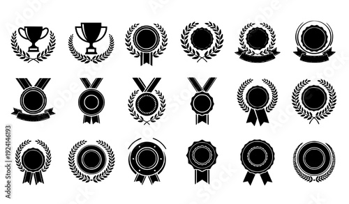 Heraldic Laurel Wreath Silhouette Icons – Winner Medal Frame Vector Illustration