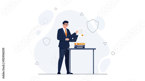 Businessman holding laptop and document, legal contract, business security