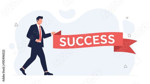 Businessman holding "Success" ribbon, achieving goals, business victory, reaching target