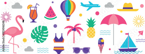 Summer vacation icons set with flamingo umbrella airplane and beach elements flat vector illustration