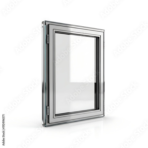 A modern, square window unit with a polished chrome frame and clear glass pane is shown slightly ajar against a white surface.