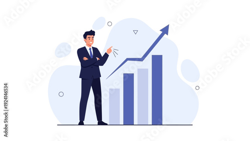 Businessman pointing at upward trending bar graph, representing growth and success