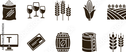 Set of black agriculture and farming icons featuring wheat stalks corn on the cob grain bags wine glasses fields and wooden storage barrels.