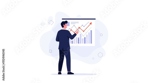 Businessman points to upward trending graph on presentation board, business growth concept