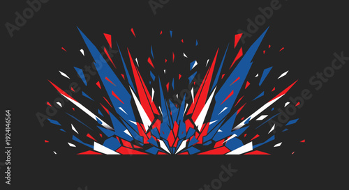 Abstract geometric design with red white and blue color explosion on black