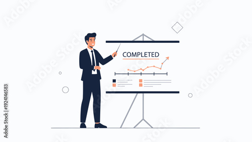 Businessman presenting completed project with upward graph on whiteboard presentation