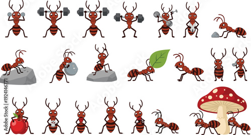 \Cartoon Ant Character Icon Set Showing Working, Carrying, Lifting, and Nature Activities for Education, Kids Illustrations, Games, and Vector Design
