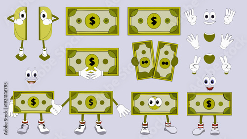 Cartoon dollar bills with faces and limbs playfully interacting and displaying money