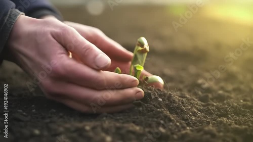 Hands Planting Seedling in Soil for Growth in Natural Garden Setting