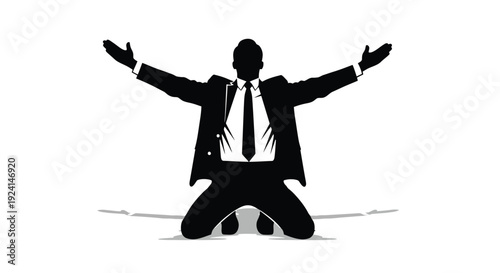 Silhouette of a businessman kneeling with arms outstretched.