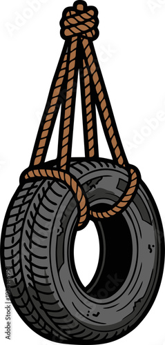 Hand-drawn illustration of a classic tire swing, perfect for nostalgic and playful designs.