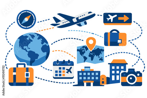 Dynamic aviation travel icon collection with airplane routes flat scalable vector
