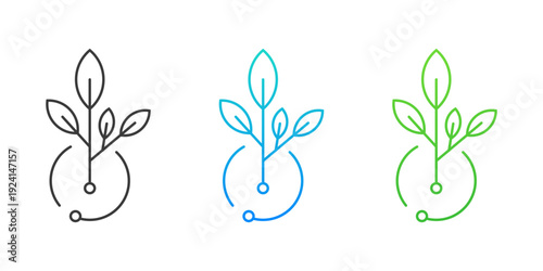 Minimalist line art icons of a sprouting plant or seedling in black, bluegreen, and green. Represents growth, nature, sustainability, and ecofriendly development. Ideal for environmental 