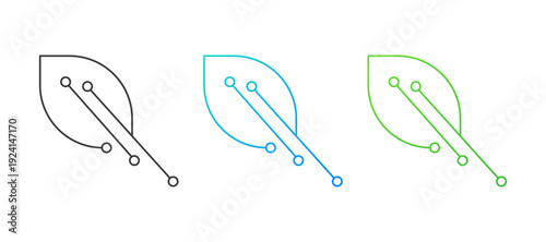 Three minimalist line art icons depicting a leaf with integrated circuit lines and circles, representing green technology, sustainable innovation, and ecofriendly digital solutions.