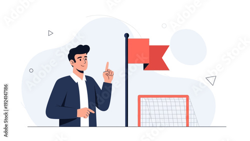 Businessman Reaching Goal with Flag and Soccer Net, Business Success Concept