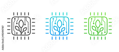 Three outline icons representing biotechnology, smart agriculture, or green computing. A plant sprout is integrated into a microchip design with circuit lines, symbolizing innovation ,sustainability.