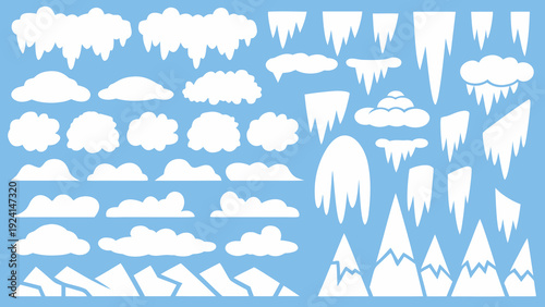 A collection of various white icicles and clouds against a solid blue background vector style