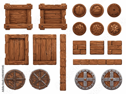 Various wooden crates planks doors and wheels arranged in a detailed game asset collection